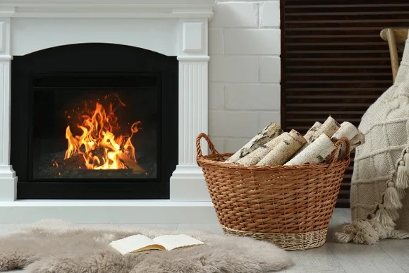 Kamin mit Feuer und Korb voller Holzscheite